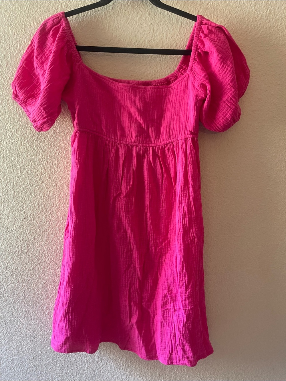 Bright Pink Puff-Sleeve Midi Dress with Square Neckline